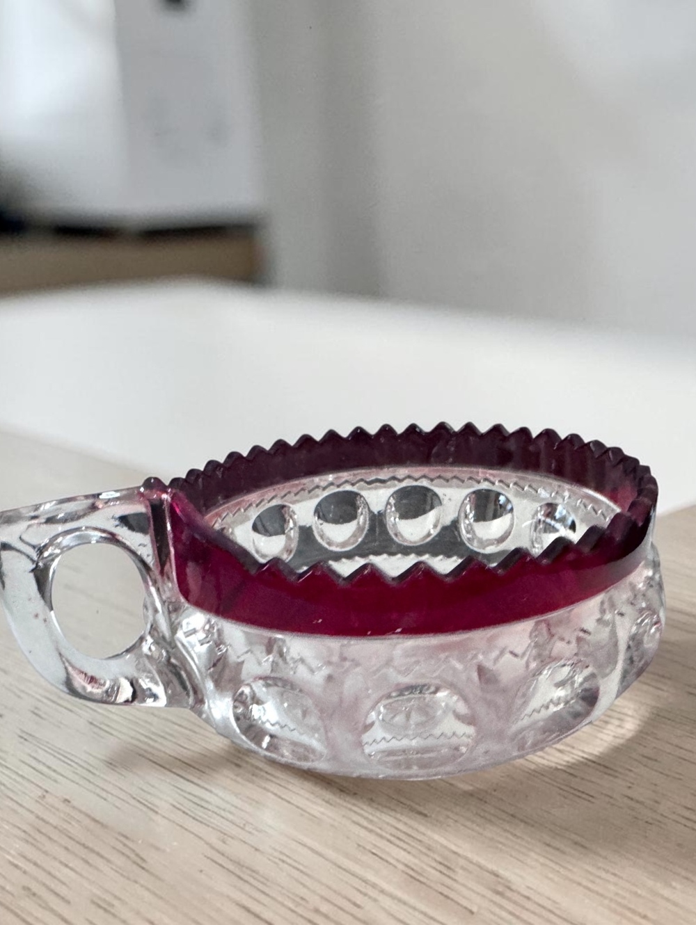 Vintage Ruby Red Flash Pressed Glass Handled Bowl Nappy Dish Starburst Pattern
